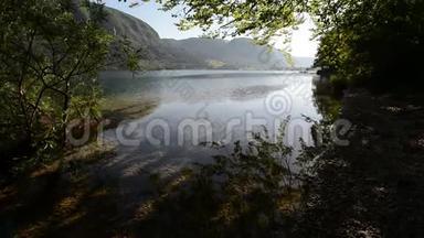 早上令人惊叹的博欣吉湖。 在朱利安阿尔卑斯山脉的博欣吉山谷中，有鱼和绚丽的景观，和绚丽的景观